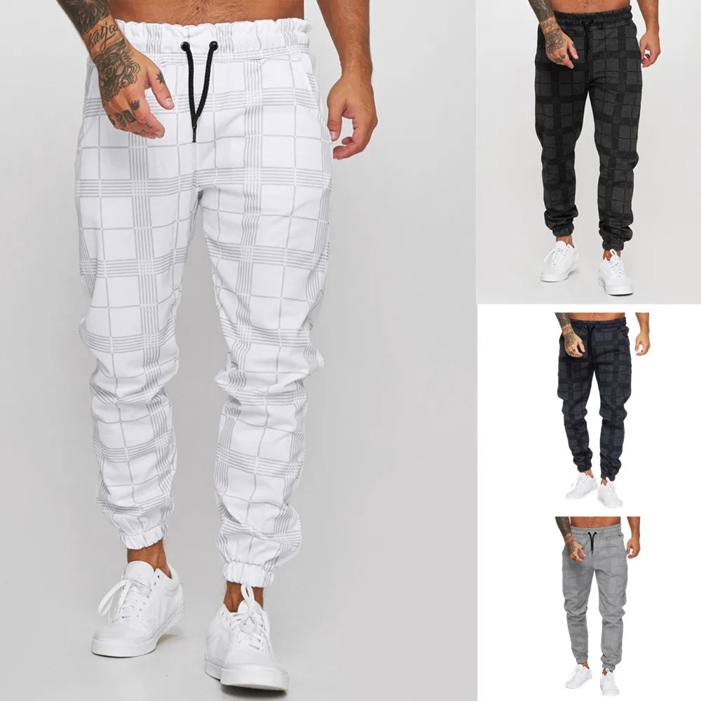 New Fashion Men Pants Mid Waist Slims Fit Male Sweatpants Plaid Checkered Side Stripe Trousers Summer Work Casual Pants