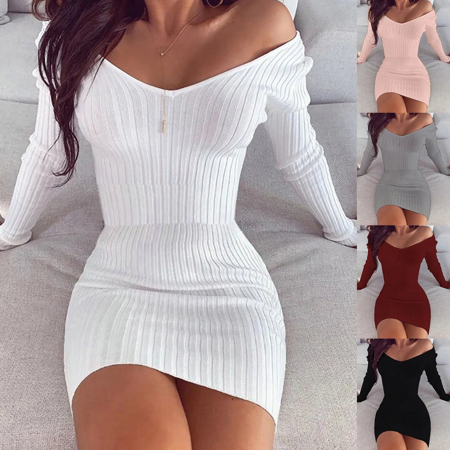 Sexy Off Shoulder Long Sleeve Bodycon Dress For Women Spring Autumn White Knitted Sweater Mini Woman Dresses Robe Femme