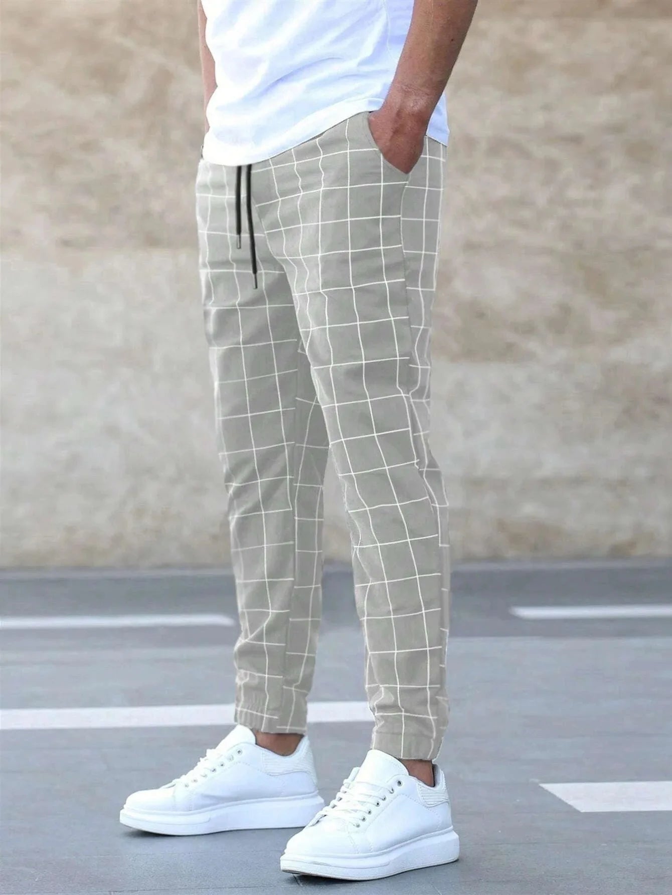 New Fashion Men Pants Mid Waist Slims Fit Male Sweatpants Plaid Checkered Side Stripe Trousers Summer Work Casual Pants