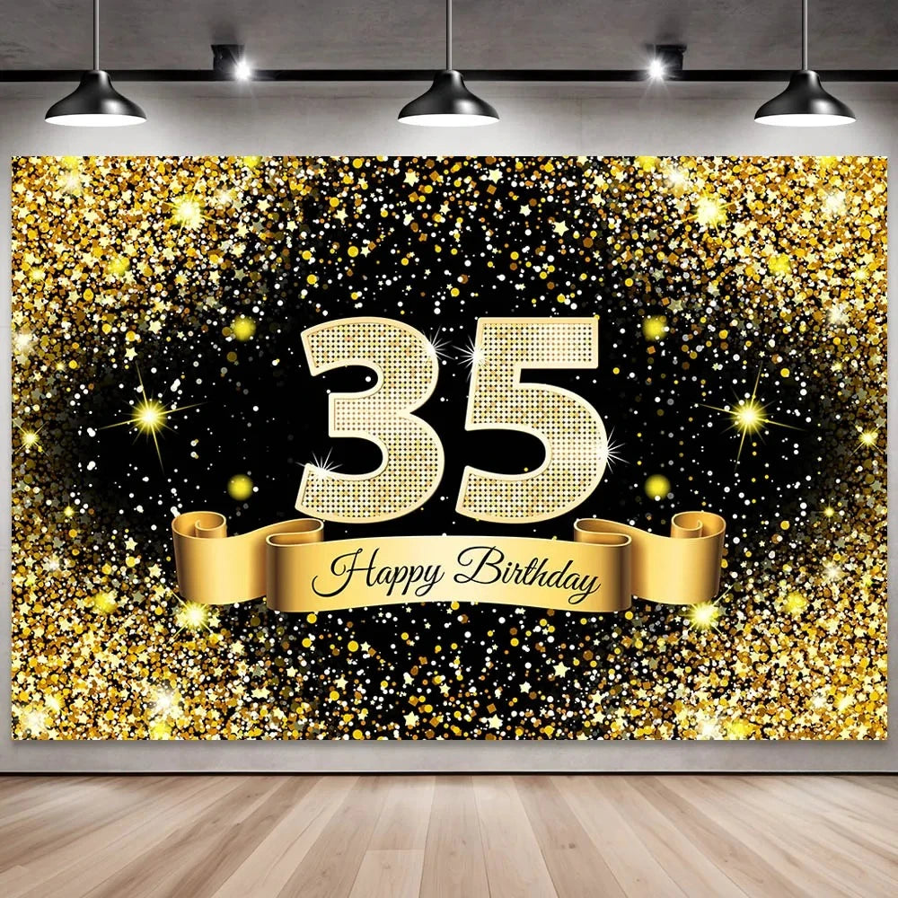 Golden black birthday party background, 18-40-50-60-year-old photography background, photo booth logo, poster background banner
