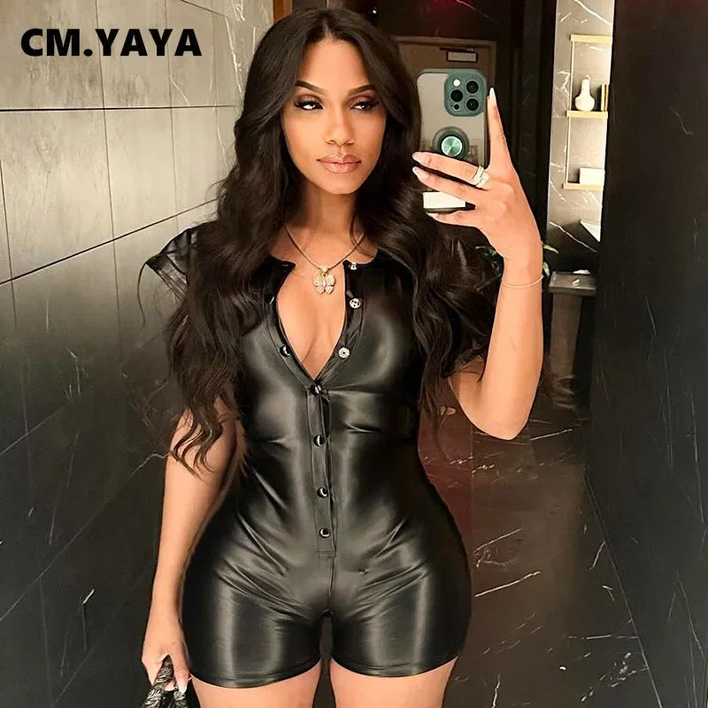 CM.YAYA Women Short Sleeve Single Breasted V-neck Short Jumpsuit Summer Street PU Leather One Piece Suit Romper Playsuits