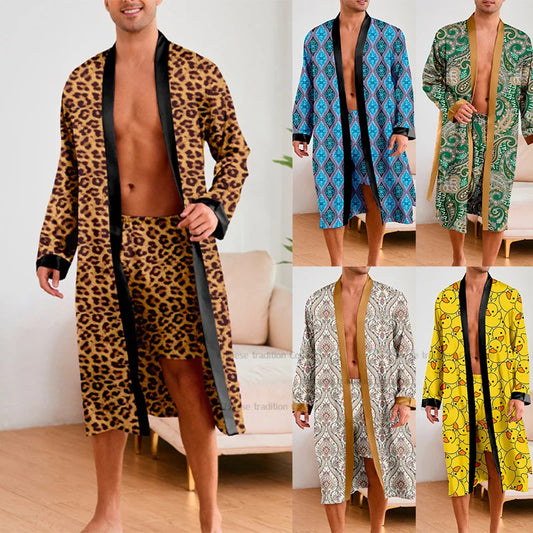 Men 2 Pieces Sleepwear Leopard Bathrobe Set Satin Kimono Peignoir Homme Long Mens Sexy Sleepwear Loungewear Home Dressing Gown