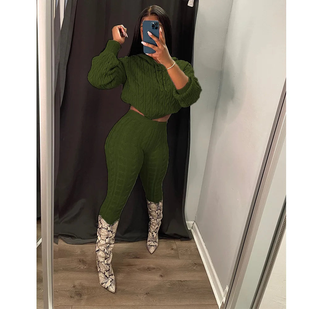 Knit 2 Piece Sets Women Hooded Tops Pants Set Spring Autumn Winter Clothing Sportswear Joggers Knitted Tracksuit Matching Sets