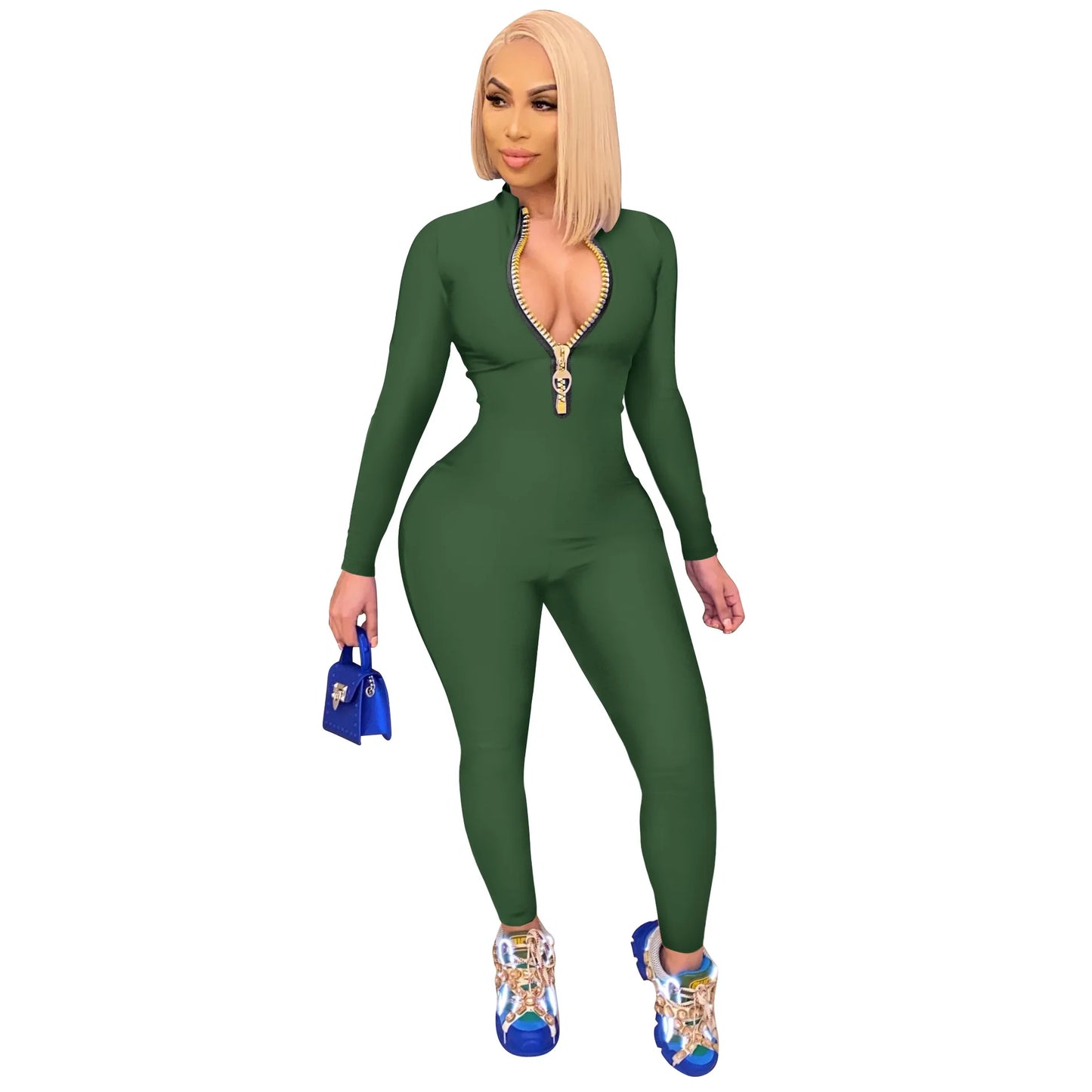 Women's Bodycon One-piece Jumpsuit Long Sleeved Big Zipper Female Casual Sport Workout Skinny Activity Wear Overalls Tops