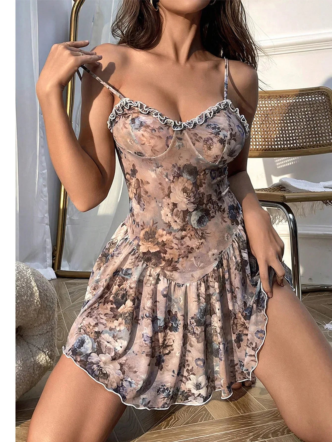 Babydolls Floral pleated camisole short skirt and nightgown Women pajama sexy lingerie for women push up adult sexy nights xxx