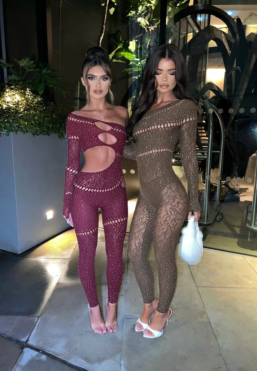 Lovermore Hollow Out Sexy Jumpsuits Women Long Sleeve Off Shoulder Body-Shaping One Piece Rompers Drill See Through Party Wear