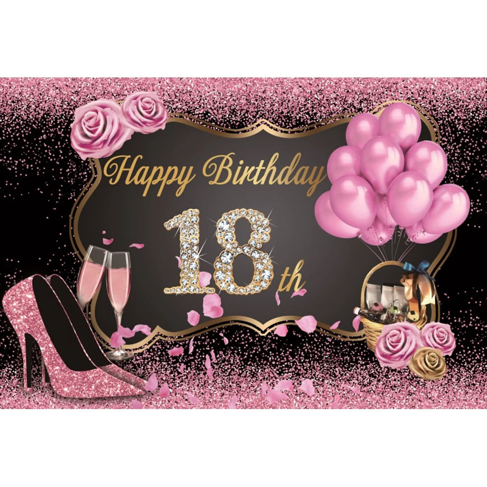 18th Birthday Photography Background Black Golden Glitter Balloons Boys Girls 18 Years Old Birthday Party Decoration Backdrops