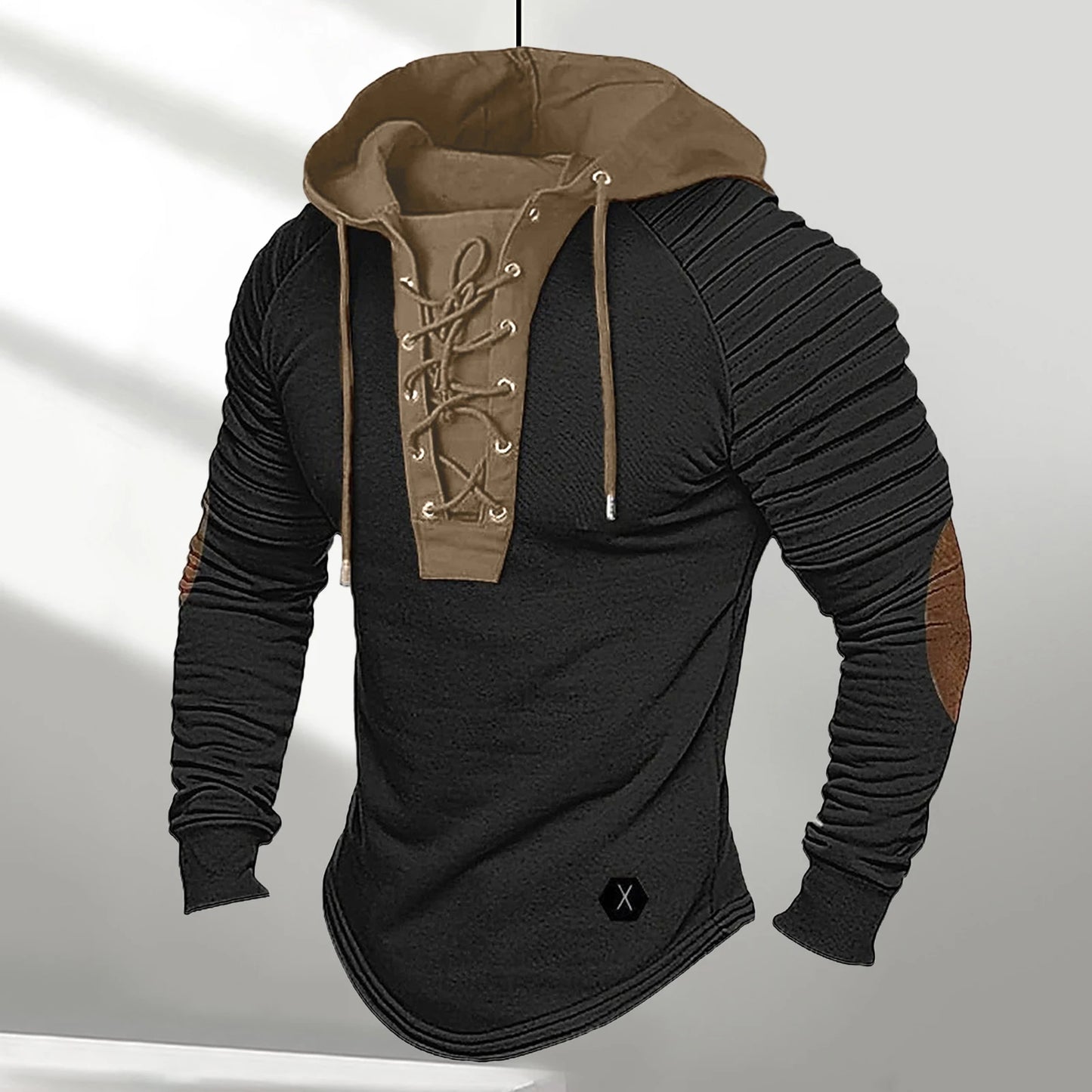 Men Spring Fall Hoodie Pleated Shoulder Colorblock Drawstring Hooded Top Long Sleeve Pullover Lace-up Retro Men Daily Hoodie