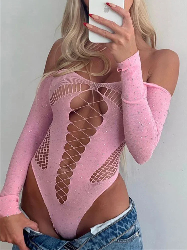 Tossy Pink Lace Bodysuit Tops For Women Off-Shoulder Hollow Out Mesh Sheer Body Top Female Hot Backless Nightclub Lingerie Top