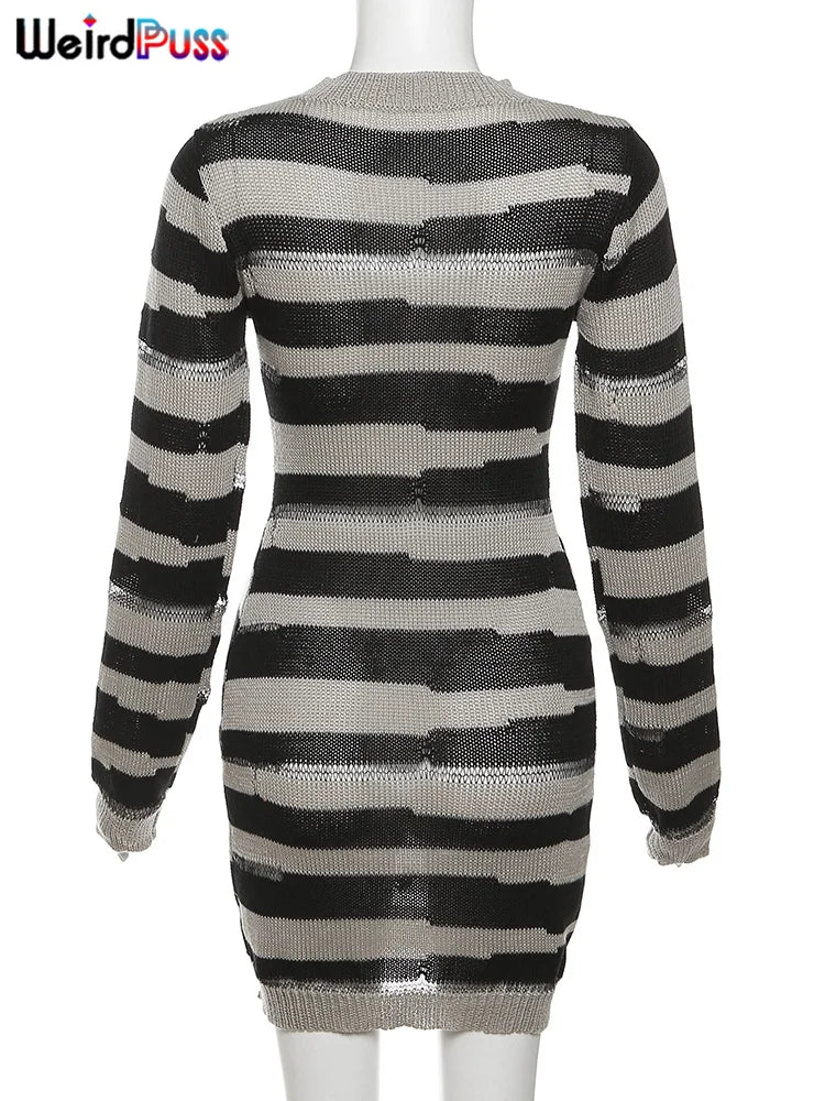 Weird Puss Knit Striped Dress Women Autumn Trend Ripped Long Sleeve o-Neck Sweater Bodycon Streetwear Stretch Sexy Thin Clothes