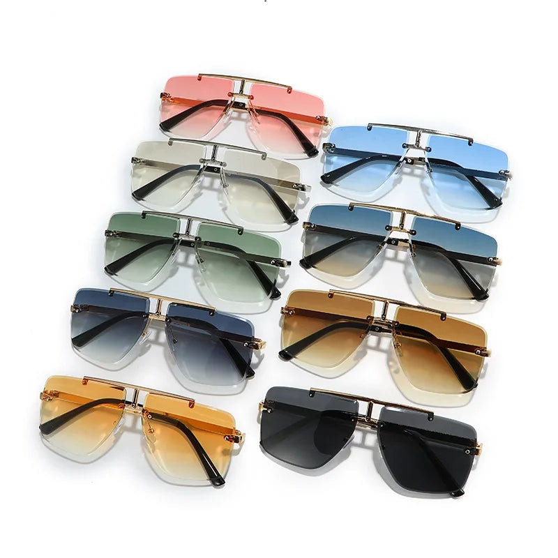 New Fashion Men Rimless Sunglasses For Women Double Bridge Metal Frame Sun Glasses Driving Shades UV400 Eyeglasses