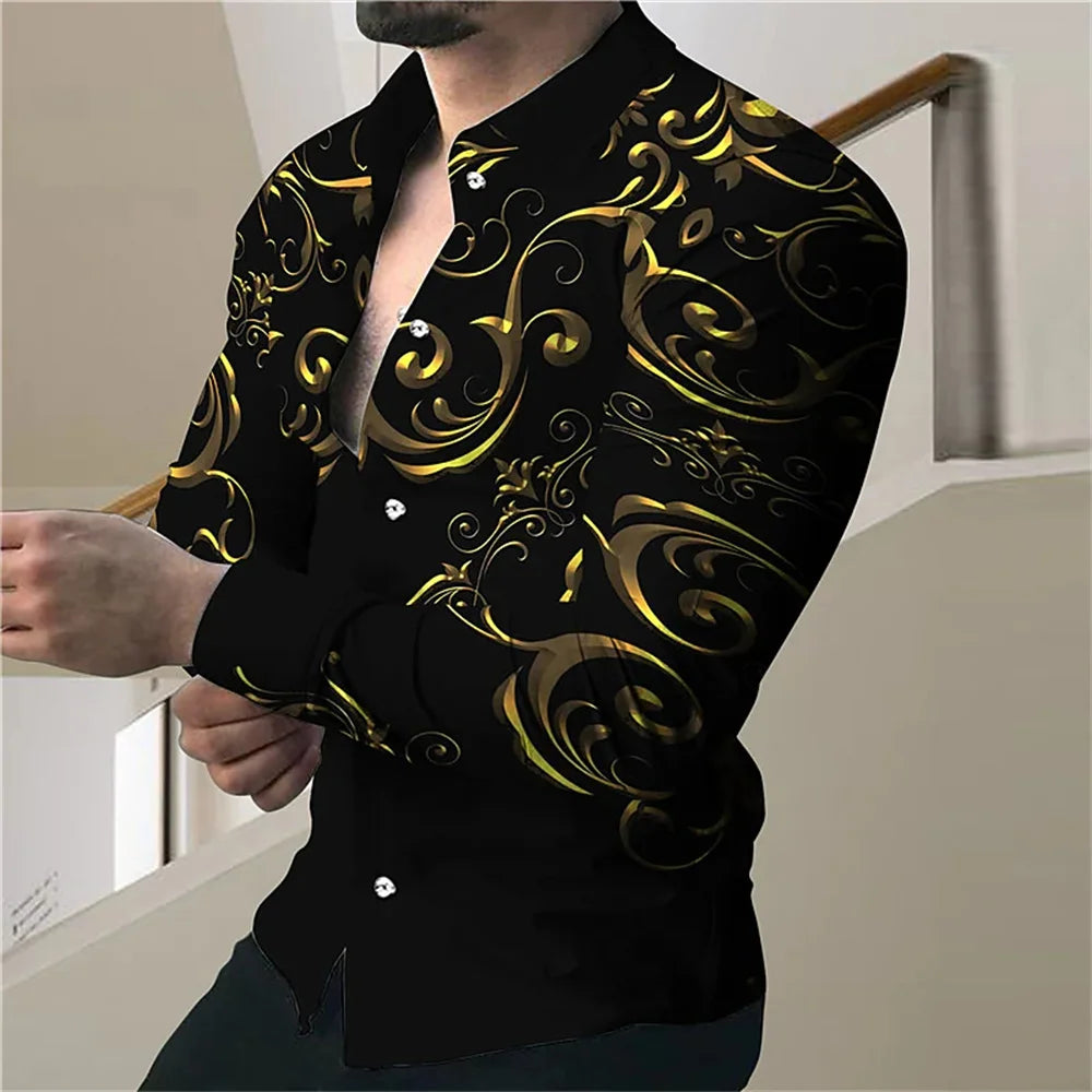 New Men's High Quality Luxury Prom Fashion Social 3D Line Graph Print Polo Button Fashion Designer Long Sleeve Men's Shirt