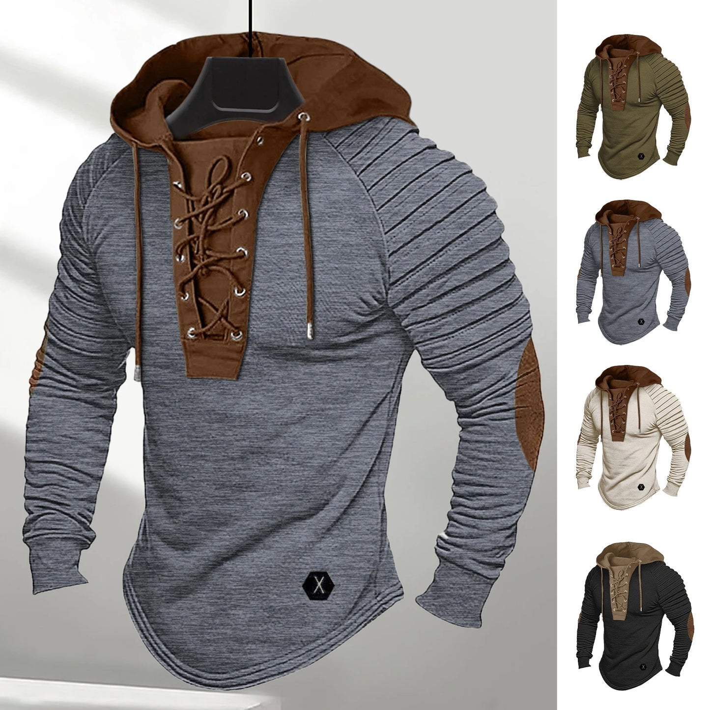 Men Spring Fall Hoodie Pleated Shoulder Colorblock Drawstring Hooded Top Long Sleeve Pullover Lace-up Retro Men Daily Hoodie