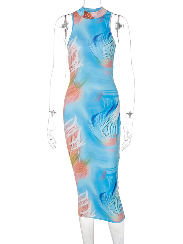 Hugcitar Tie Dye O Neck Sleeveless Backless Sexy Bodycon Slit Midi Dress Summer Women Fashion Clothes Y2K Streetwear Party