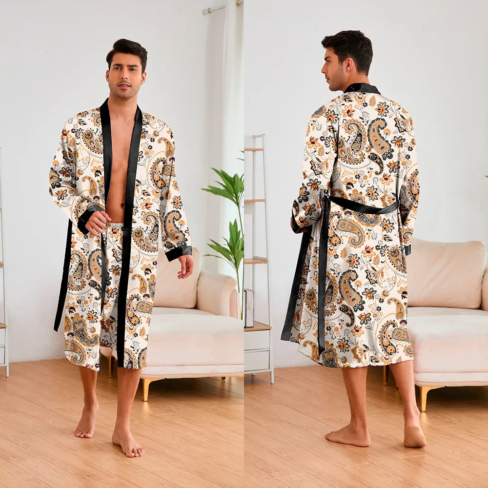 Men 2 Pieces Sleepwear Leopard Bathrobe Set Satin Kimono Peignoir Homme Long Mens Sexy Sleepwear Loungewear Home Dressing Gown