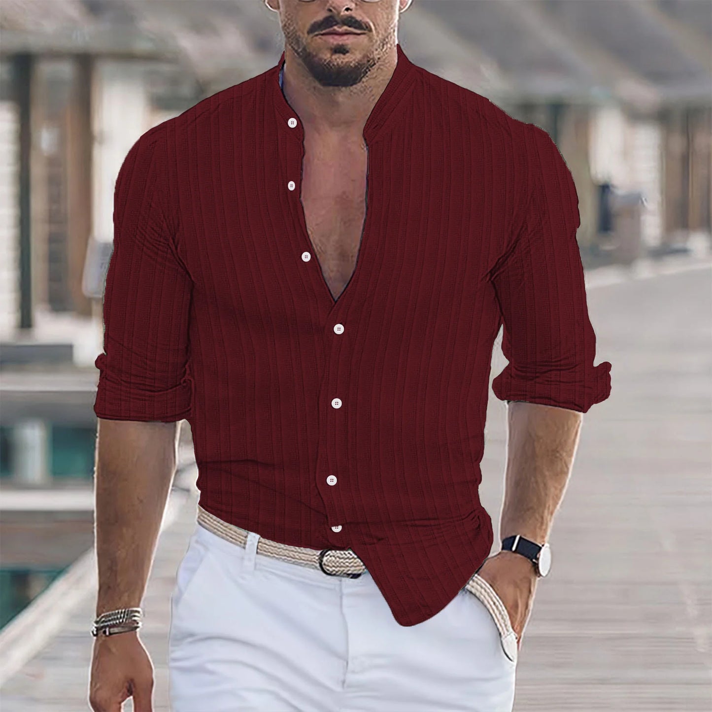 Fashion Multicolour Men's Henry Collar Stripe Shirts  Solid Color Long Sleeve Oversize Top Handsome Casual Shirt  Spring Autumn