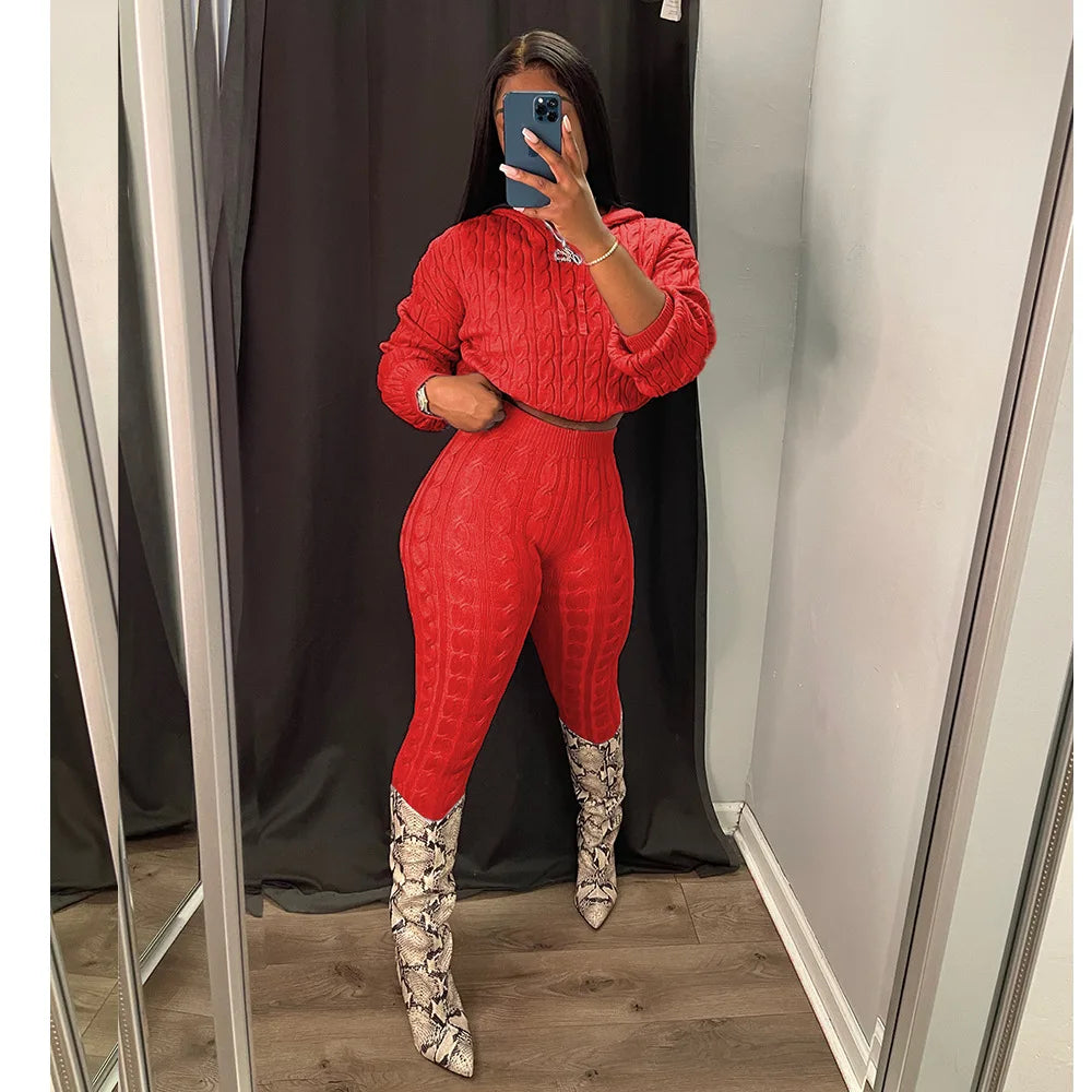 Knit 2 Piece Sets Women Hooded Tops Pants Set Spring Autumn Winter Clothing Sportswear Joggers Knitted Tracksuit Matching Sets