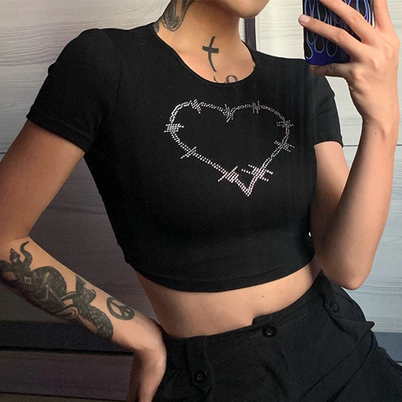 Y2k Sexy Punk Vintage Goth Crop Tops Women Fashion Rhinestone Short Sleeve T-shirt Summer O-neck Tshirt Black Top Tee Streetwear