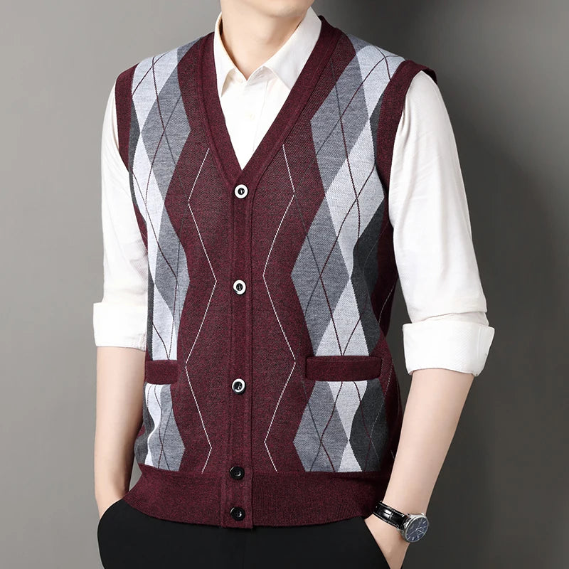 New Autumn Male Vest Sleeveless Sweater Fleece Cardigan Warm Knitted Checkered Business Casual Button Up Coat Men's Clothing