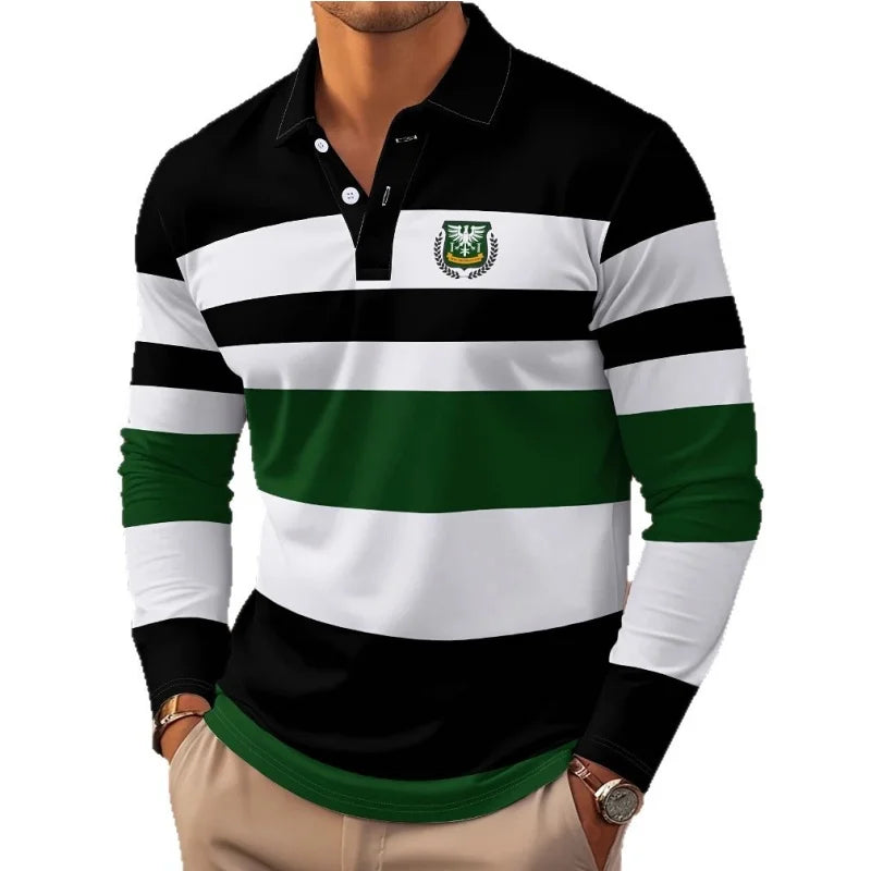 2025 New Classic Stripe Printed Men's Long Sleeve Polo Shirts Autumn Casual Comfortable Fit Button Polo Tops Street Man Pullover