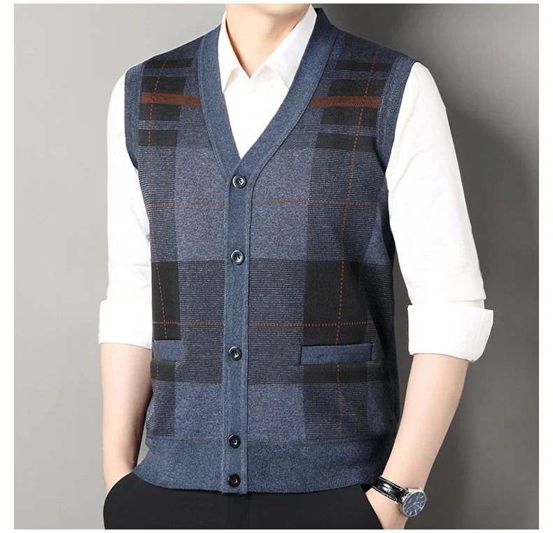 New Autumn Male Vest Sleeveless Sweater Fleece Cardigan Warm Knitted Checkered Business Casual Button Up Coat Men's Clothing