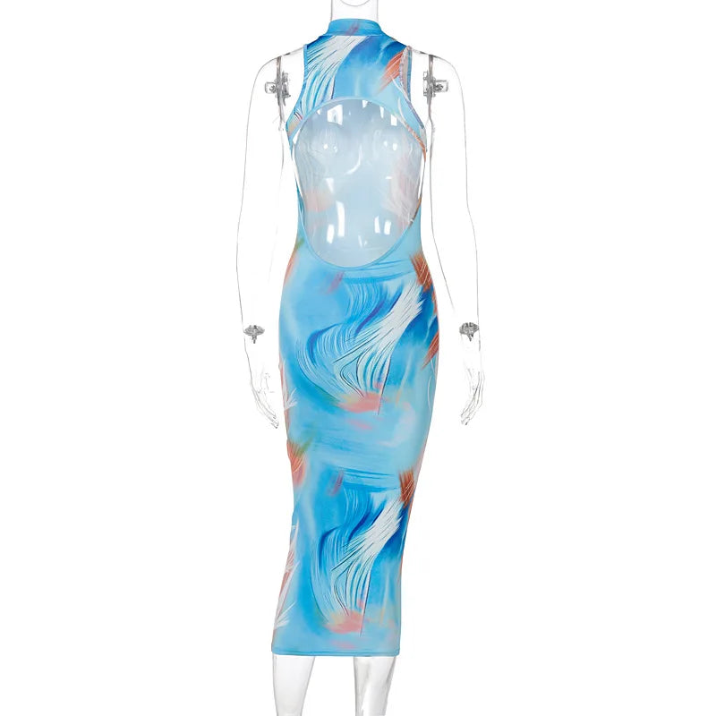 Hugcitar Tie Dye O Neck Sleeveless Backless Sexy Bodycon Slit Midi Dress Summer Women Fashion Clothes Y2K Streetwear Party