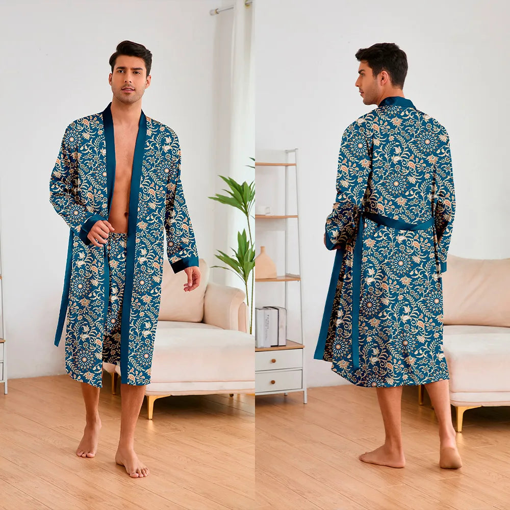 Men 2 Pieces Sleepwear Leopard Bathrobe Set Satin Kimono Peignoir Homme Long Mens Sexy Sleepwear Loungewear Home Dressing Gown