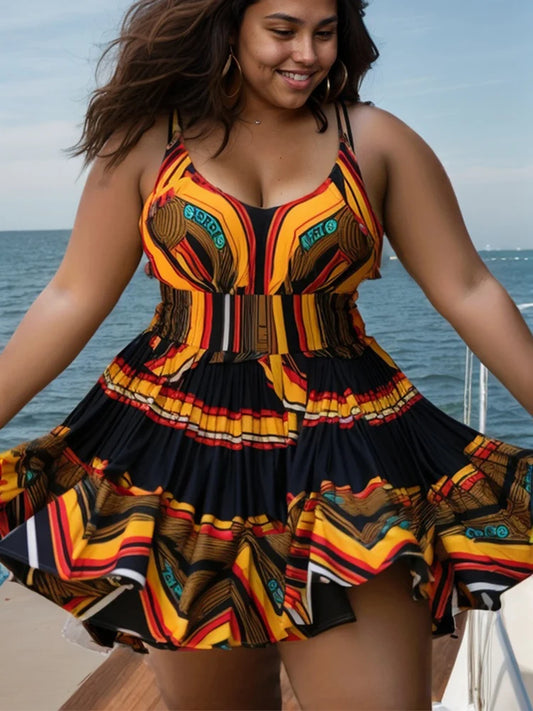 Plus Size Mini Dress Beach Multicolor African Ankara V Neck Swimwear