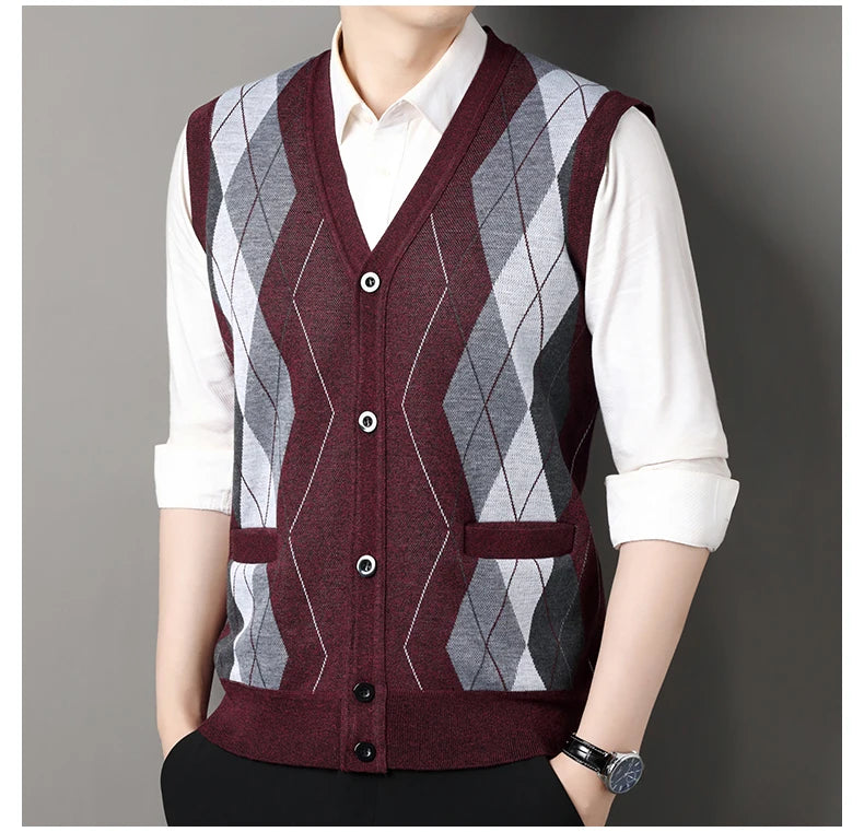 New Autumn Male Vest Sleeveless Sweater Fleece Cardigan Warm Knitted Checkered Business Casual Button Up Coat Men's Clothing