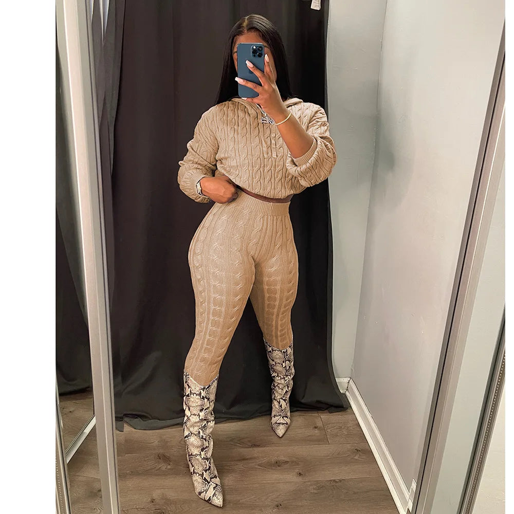 Knit 2 Piece Sets Women Hooded Tops Pants Set Spring Autumn Winter Clothing Sportswear Joggers Knitted Tracksuit Matching Sets