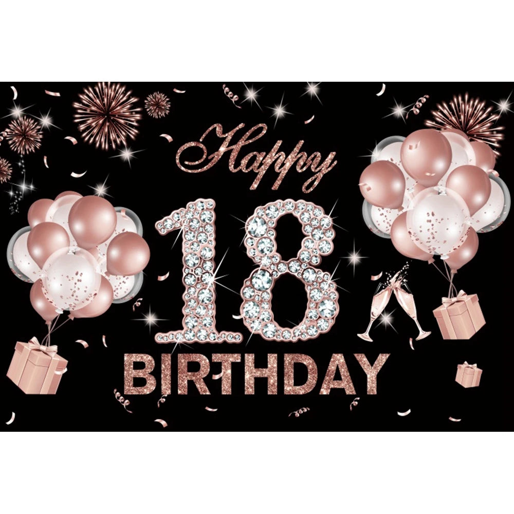 18th Birthday Photography Background Black Golden Glitter Balloons Boys Girls 18 Years Old Birthday Party Decoration Backdrops