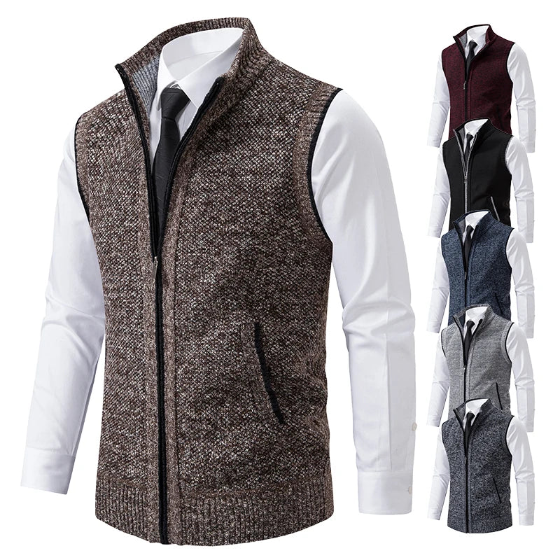 Vest Men's Knitted Sleeveless Sweater Wool Velvet Zipper Cardigan Turn-down Pullovers Turtleneck Sweatercoat Knit Waistcoat