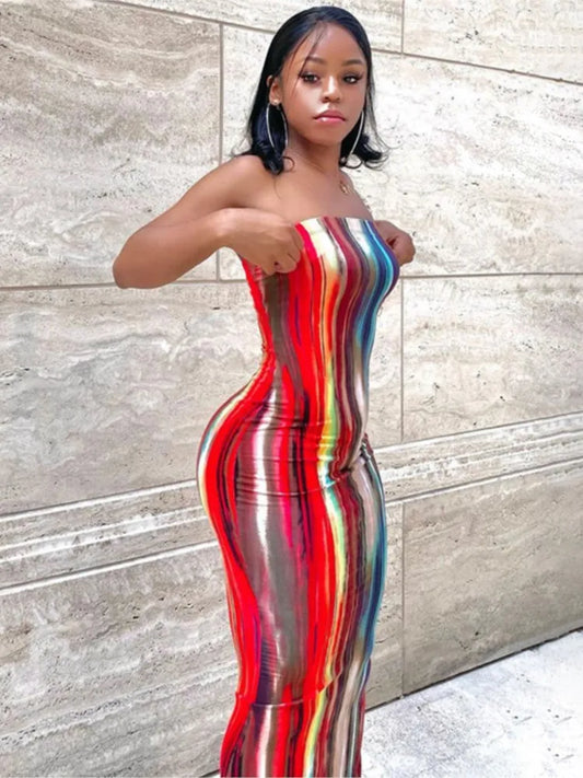Spring And Summer Dresses For Women Chest Wrap Printed Off Shoulder Bandage Slim Sexy Long Dress