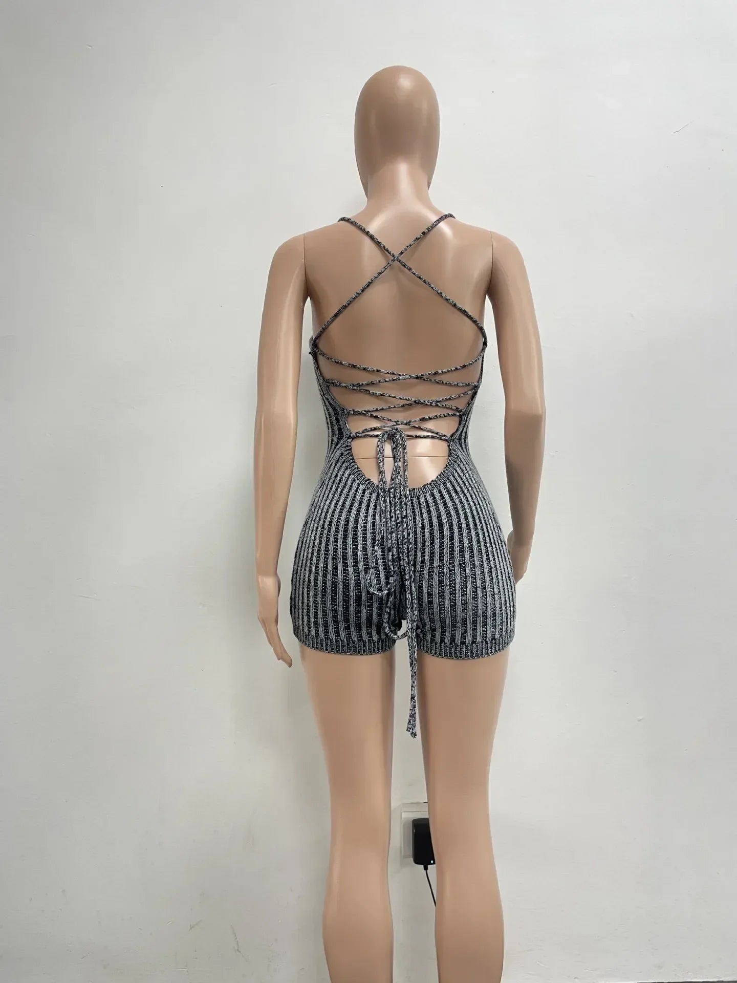 Sexy Backless Rompers Shorts Knitted Striped Jumpsuits Women Elegant Luxury Bodycon Sexy One Piece Knitwear Jumpsuit