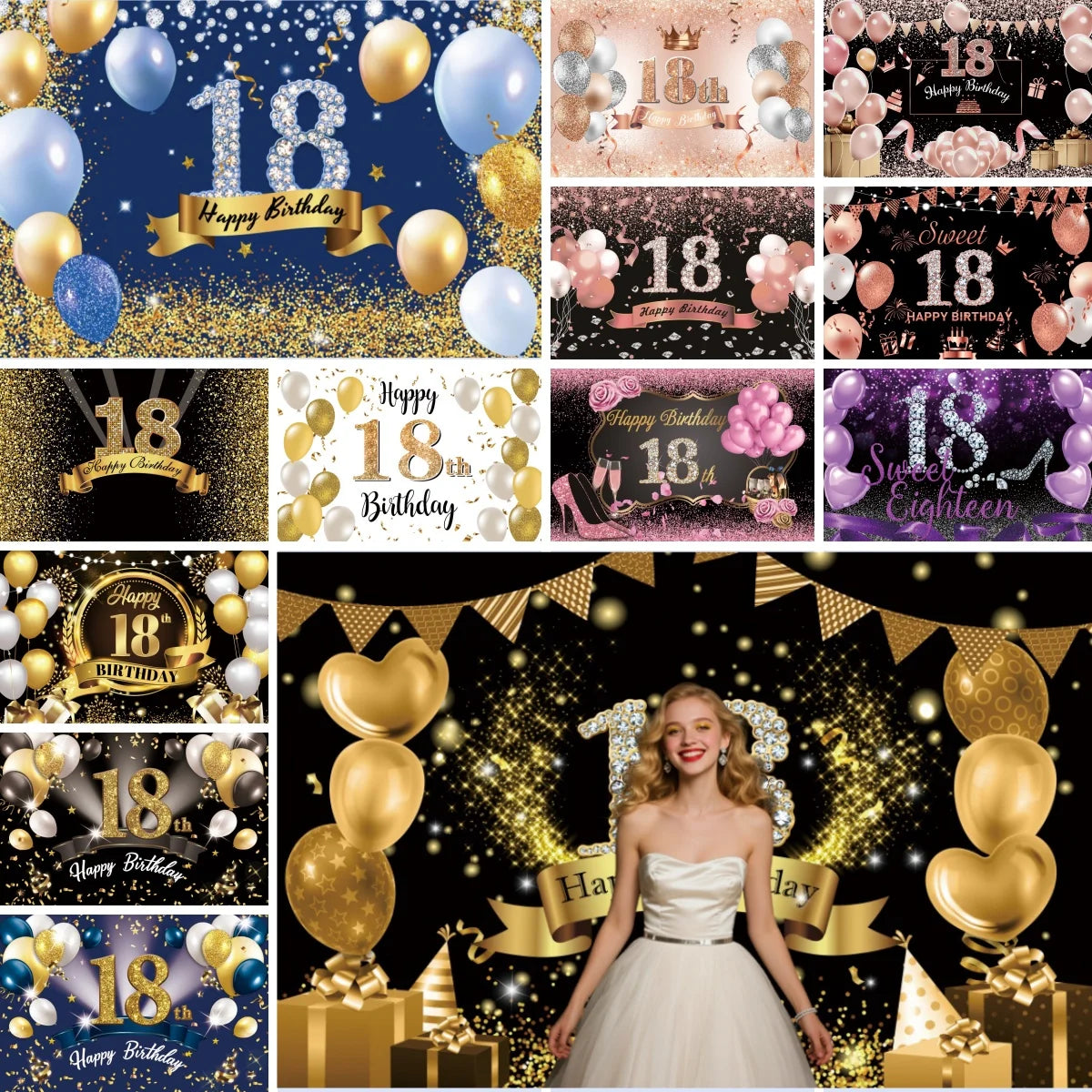 18th Birthday Photography Background Black Golden Glitter Balloons Boys Girls 18 Years Old Birthday Party Decoration Backdrops