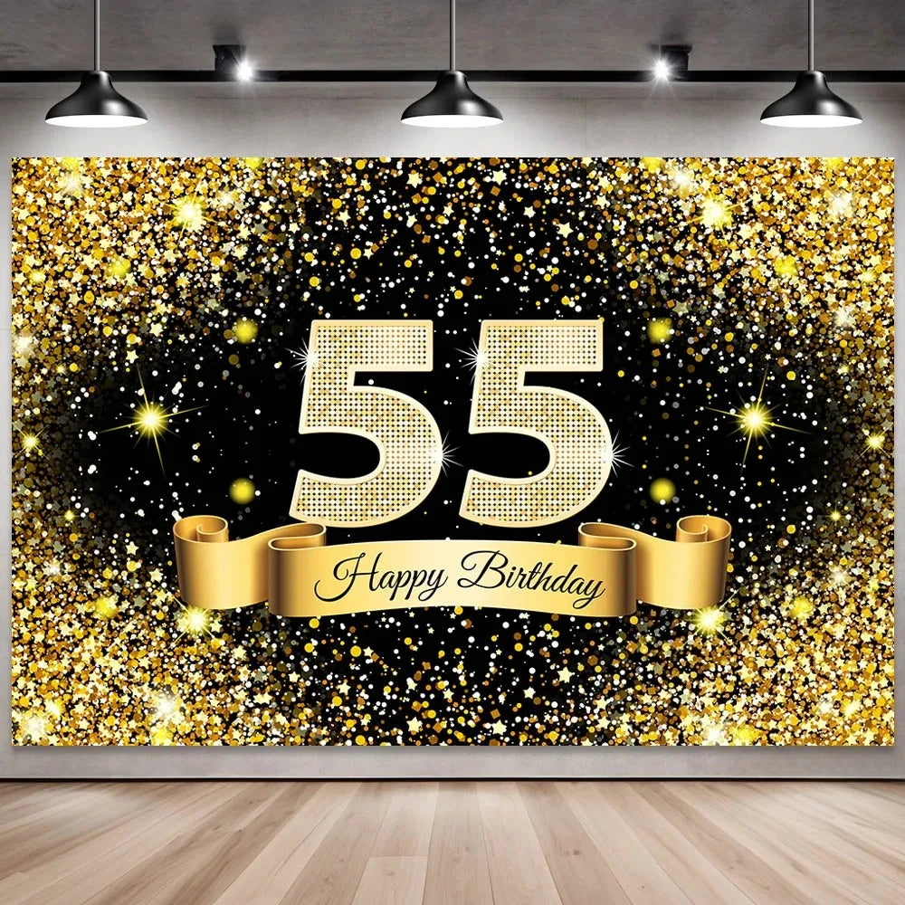 Golden black birthday party background, 18-40-50-60-year-old photography background, photo booth logo, poster background banner