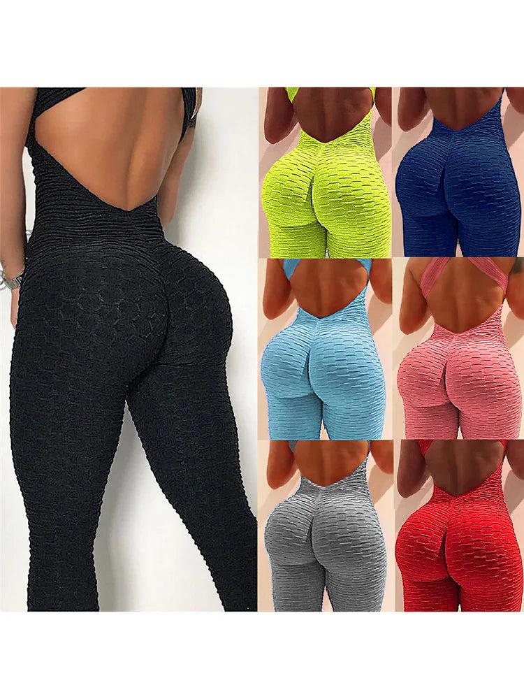 Women's Sports Suit Sleeveless Backless Jumpsuits Costume Quick Dry Gym Bodysuit Tracksuit Fitness Tights Scrunch Leggings