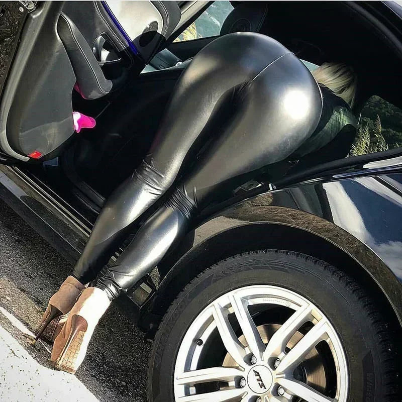 Sexy Black PU Leather Tights Women High Waist Pants High Elastic Slim Fashion Hip Liftting Leggings Skinny Plus Size Tights