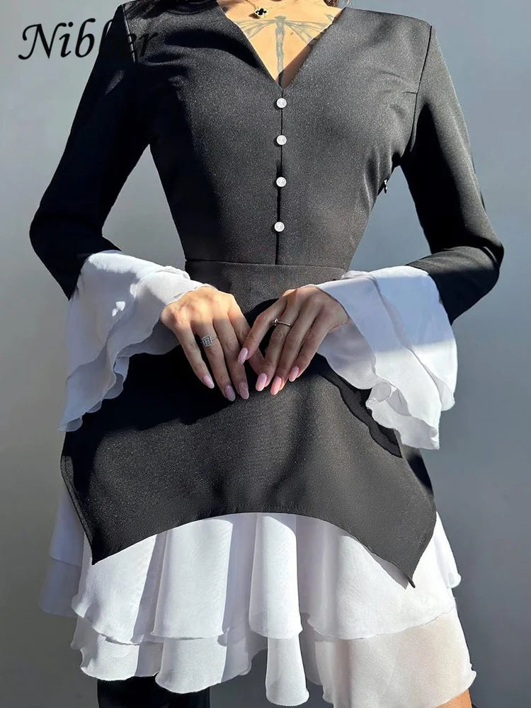 Nibber Black White Patchwork Dress Women Button V-Neck Tierred Flared FashionMojos.com Nibber Black White Patchwork Dress Women Button V-Neck Tierred Flared FashionMojos.com