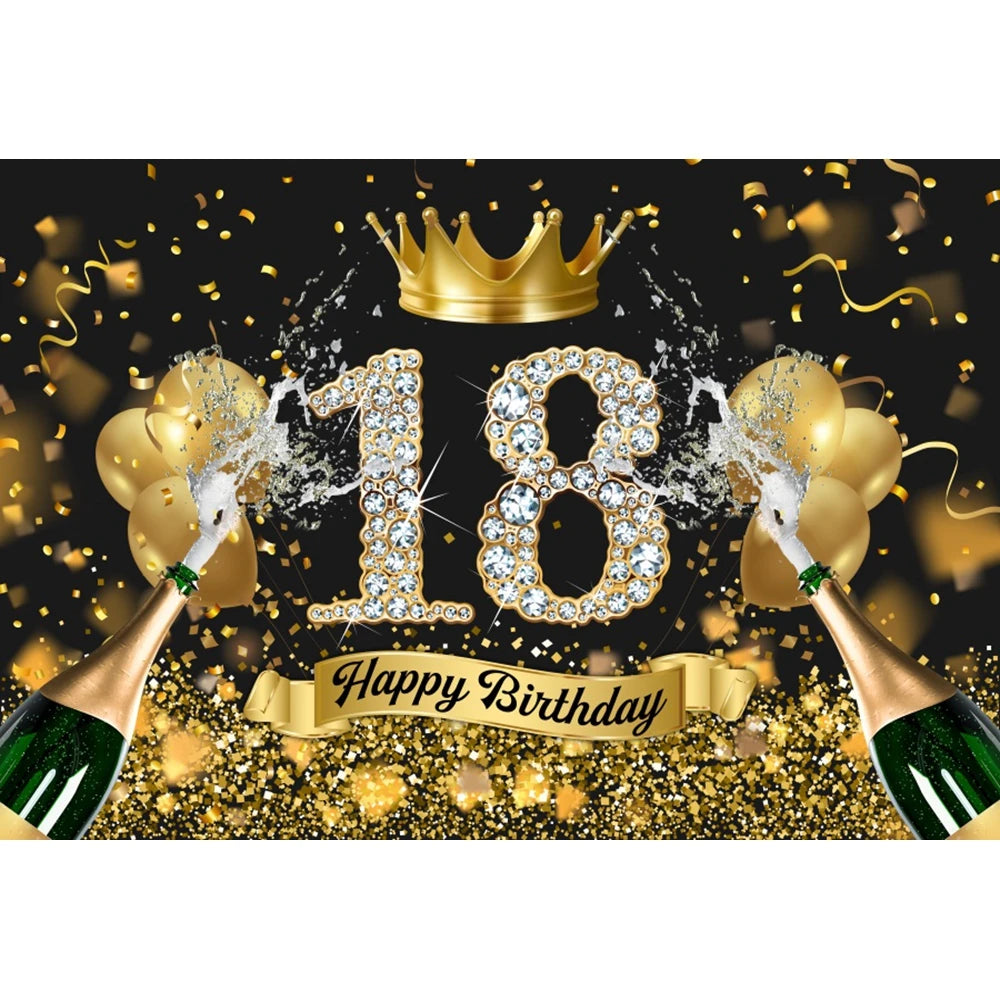 18th Birthday Photography Background Black Golden Glitter Balloons Boys Girls 18 Years Old Birthday Party Decoration Backdrops
