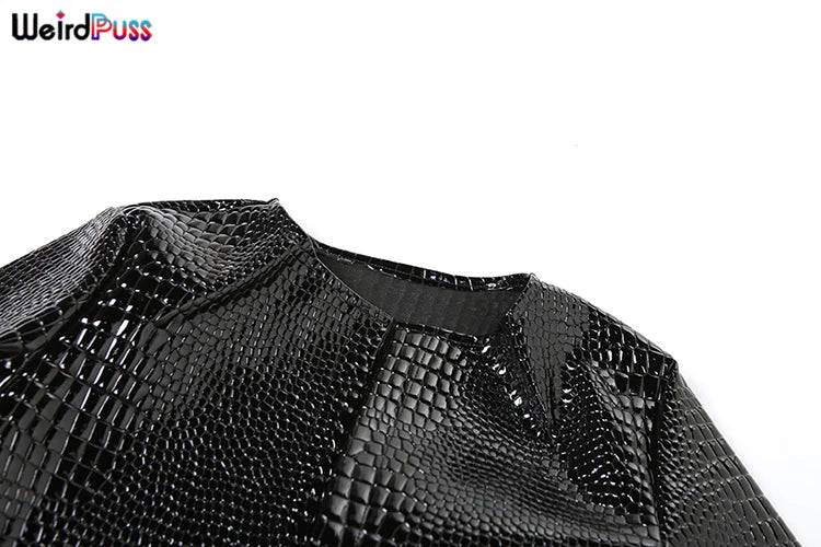 Weird Puss Faux Leather Jacket Women Hipster Snake Print Fall Trend O-Neck Full Sleeve Street Wild Basic Outwear Crop Overcoat