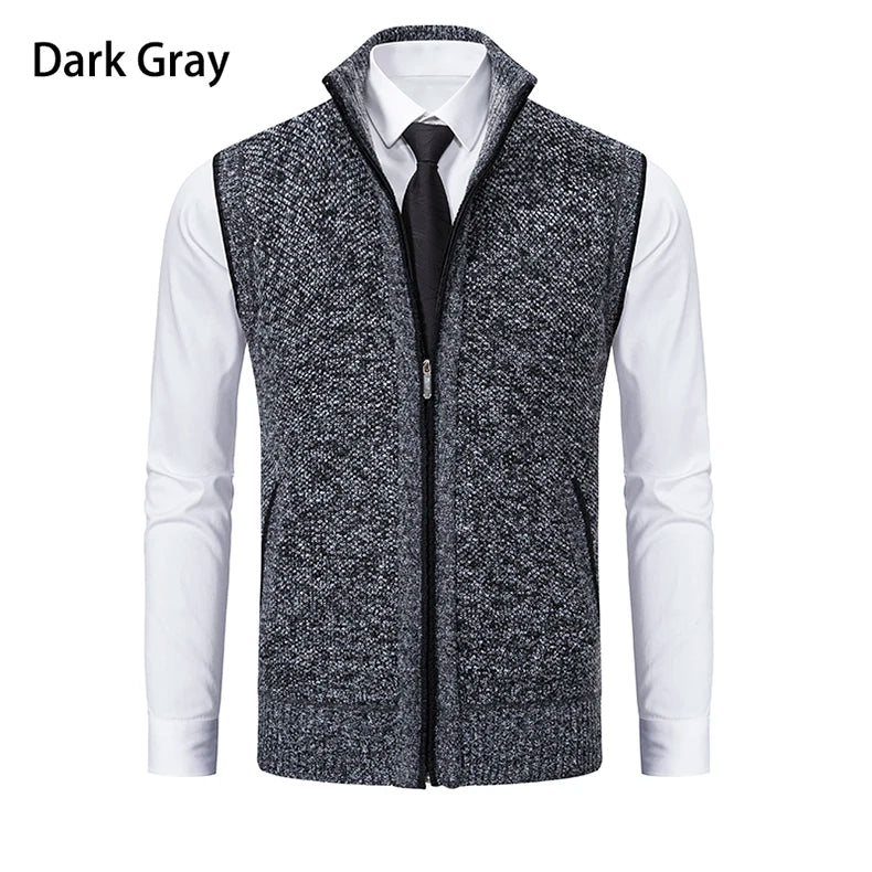 Vest Men's Knitted Sleeveless Sweater Wool Velvet Zipper Cardigan Turn-down Pullovers Turtleneck Sweatercoat Knit Waistcoat