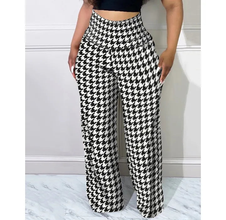 Elegant Women's Pants Summer Streetwear Plaid Print Casual High Waist Wide Leg Daily Long Trousers Without Top for Female