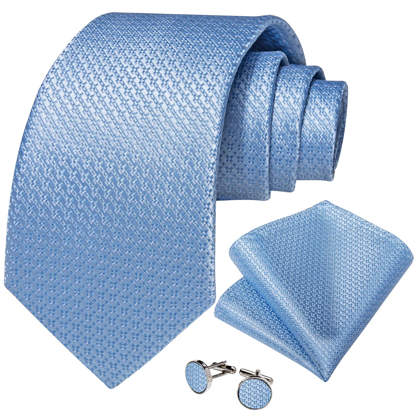 New Light Blue Solid Plaid Silk Ties for Men Luxury Wedding Party Necktie Men's Suits Accessories Pocket Square Cufflinks