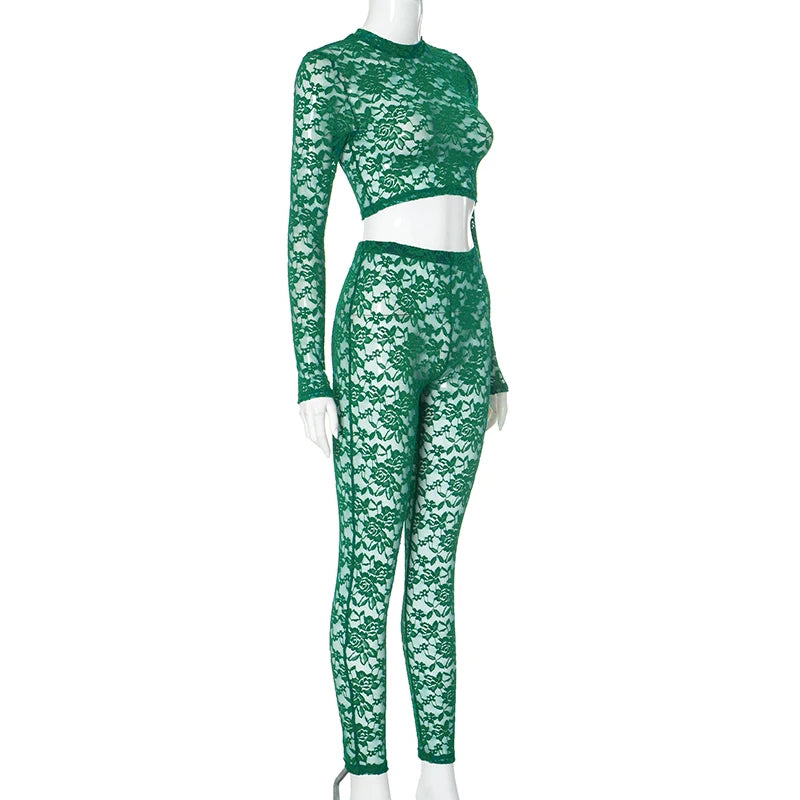 CUTENOVA Sexy Lace See Through Fashion Long-Sleeve Crop Top+Pencil Pants Cut Out See-Through Woman'S Set New Fashion