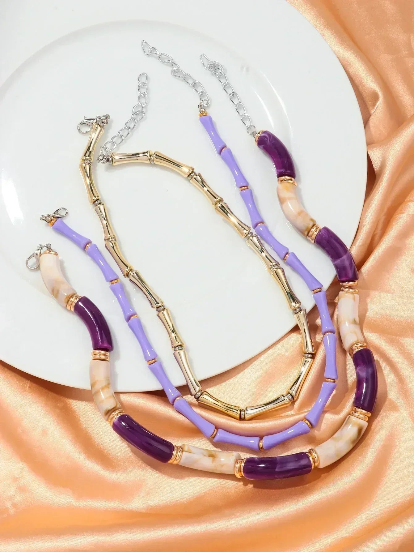 3 pieces/set Bohemian Acrylic Bamboo Beads Choker Necklace Set for Women Chunky Tube Necklaces 2024 Accessories Jewelry Femstylo
