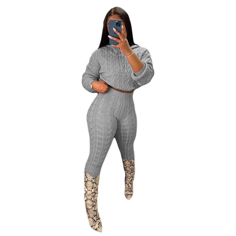 Knit 2 Piece Sets Women Hooded Tops Pants Set Spring Autumn Winter Clothing Sportswear Joggers Knitted Tracksuit Matching Sets