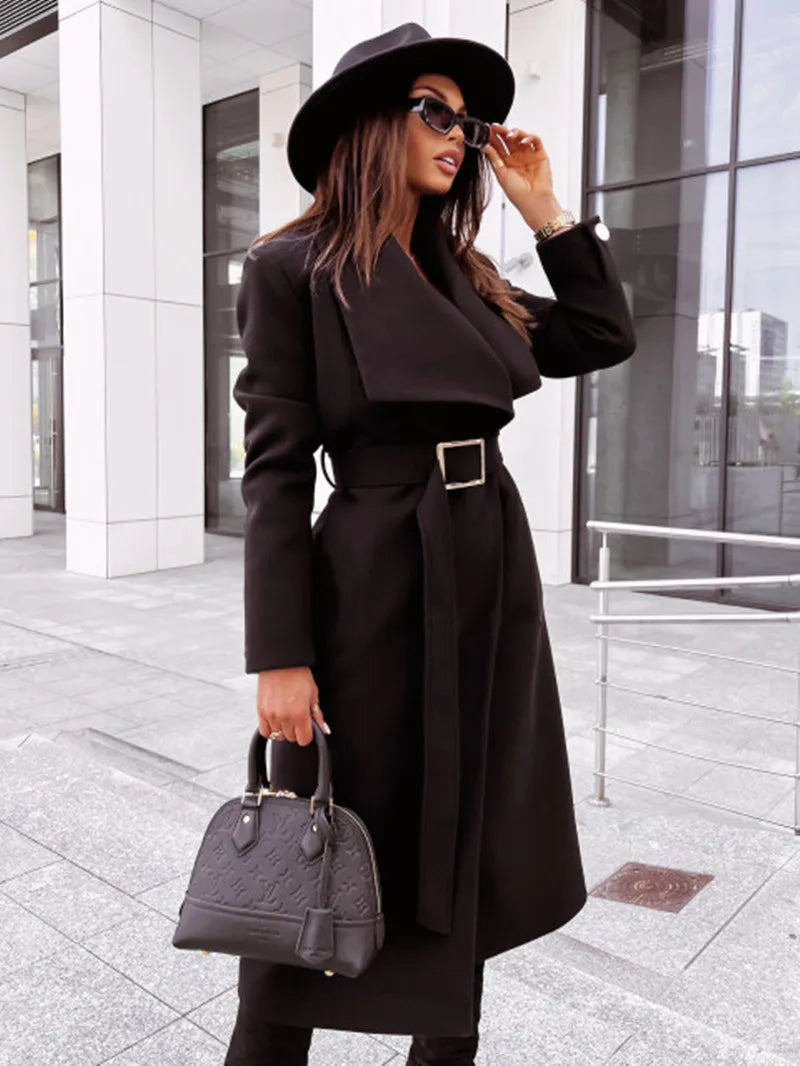 Autumn Winter Long Blends Coats Women Long Sleeve Turn-down Collar Coat and Jacket Belt Solid Fashion Jackets Woman Clothes