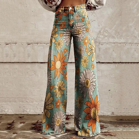 Women Wide-leg Casual Pants Stylish Women's Denim Pants Straight Leg Jeans with Digital Flower Print Wide Leg Girlfriend