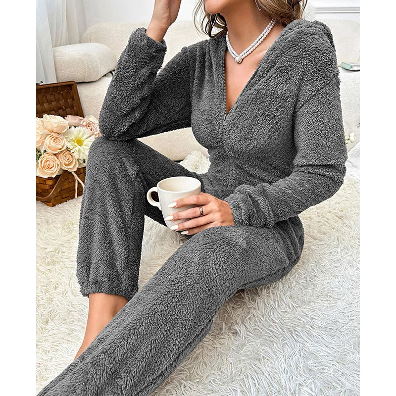 Warm Fleece Pajamas Jumpsuit Lady Autumn Winter Homewear Hooded Nightwear Coral Fleece Onesie Long Sleeve Loungewear Sleepwear